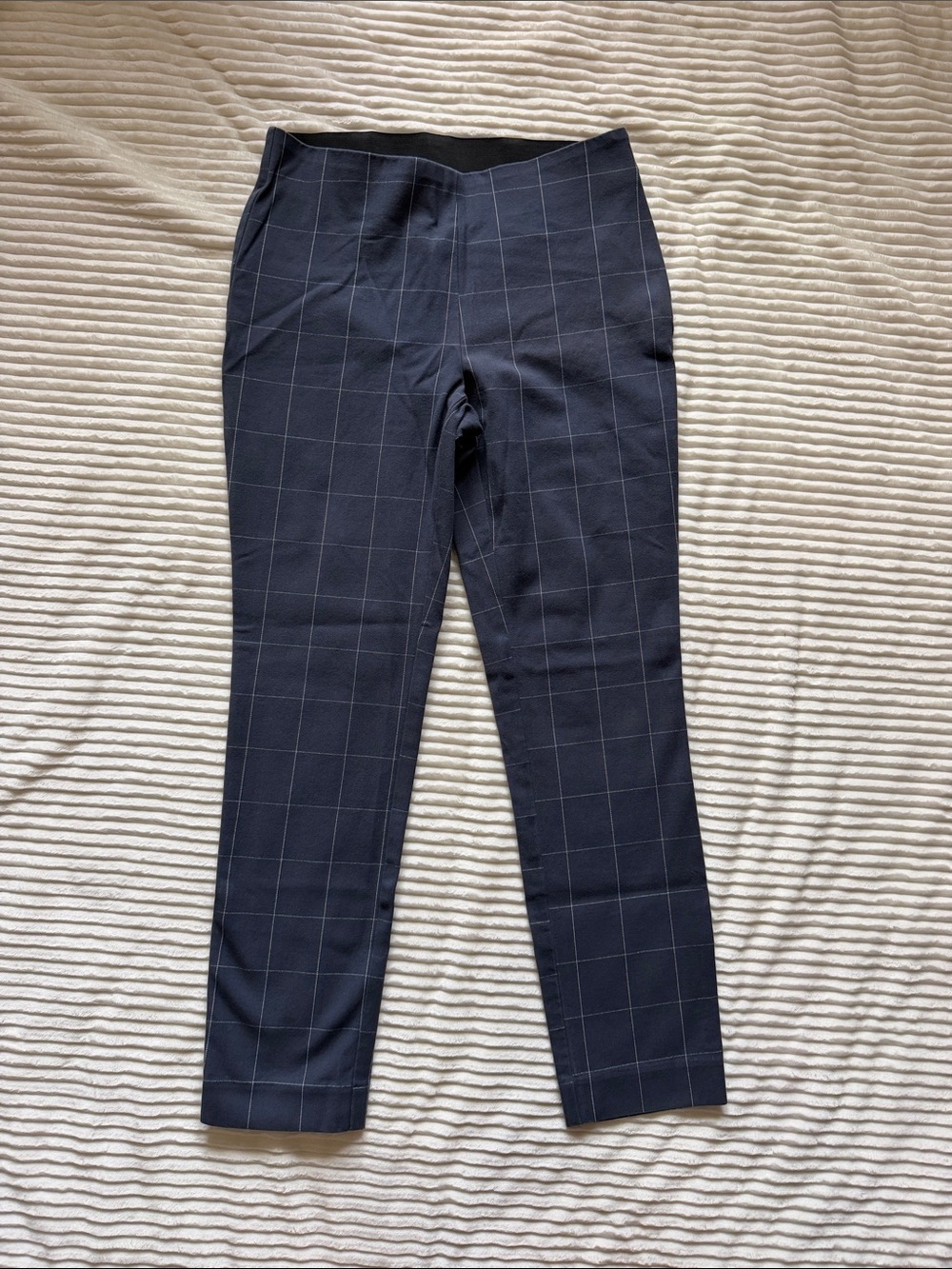 A New Day Tailored Windowpane Navy Slim Dress Pants Side zipper Elastic waist